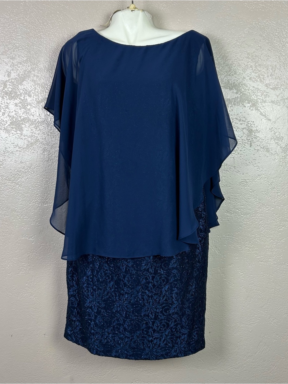 Jessica Howard Navy Blue Midi Dress with Lace  and Chiffon Overlay
